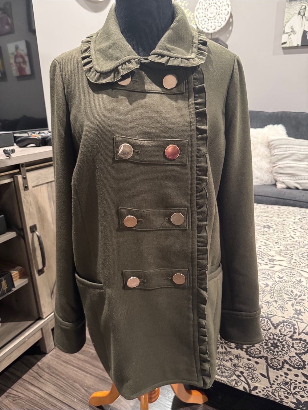 NEW Classic Olive Green Women's Coat with Ruffle Trim by Crown & Ivy